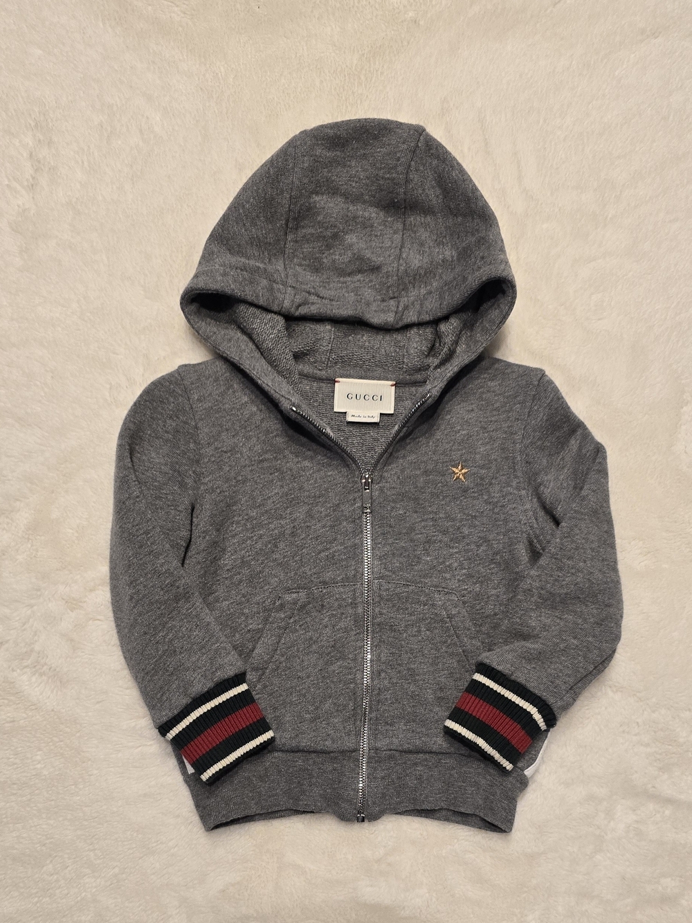 Gucci Kids Gray Zip Hoodie with Red & Green Stripe Cuffs